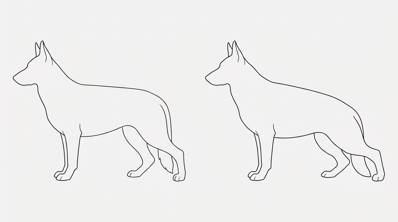 Schematischer Vergleich zweier Schäferhund-Silhouetten: links eine gerade Rückenlinie mit moderater Winkelung, rechts eine stark abfallende Kruppe mit überwinkelter Hinterhand