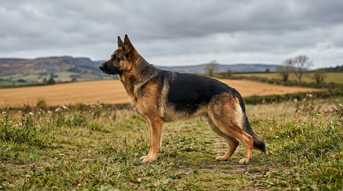 Gesunder Deutscher Schäferhund im Stand von der Seite, gerade Rückenlinie, moderate Winkelung der Hinterhand, vor stahlgrauem Himmel und ockerfarbenem Feld