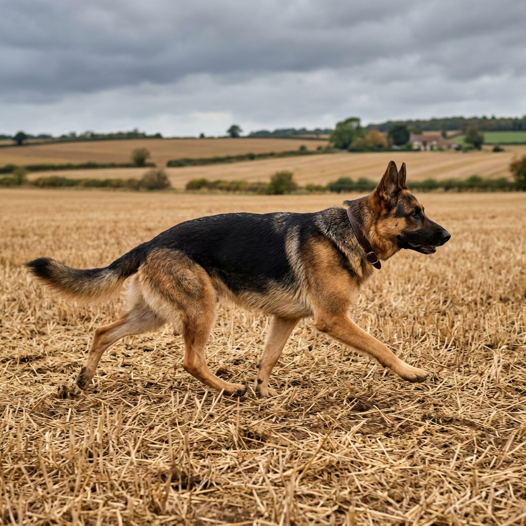 Gesunder Deutscher Schäferhund im Trab über ein abgeerntetes Stoppelfeld, gerade obere Rückenlinie, raumgreifende Bewegung